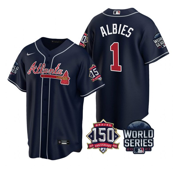 Men's Navy Atlanta Braves #1 Ozzie Albies 2021 World Series With 150th Anniversary Patch Cool Base Stitched Jersey